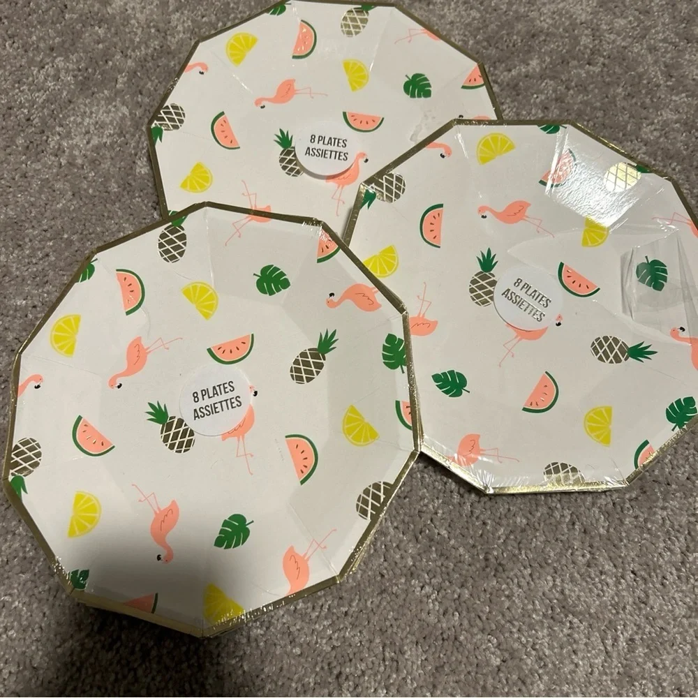 Meri Meri 3 Packs Of 8 Disposable Plates Flamingo Watermelon Pineapple